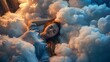 © CYBERUSS - A woman sleeping peacefully on a bed of fluffy white clouds in a bird s eye view