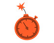 © Esgoty - Hand drawn cute illustration of timer clock like bomb with burning wick. Flat vector time measurement device in colored doodle. Stopwatch sticker, icon. Deadline, limited time, countdown. Isolated.