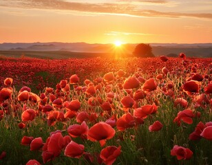 Wall Mural - Breathtaking landscape of a poppy field at sunset with the sun dipping low on the horizon, casting a warm glow over the vibrant red flowers