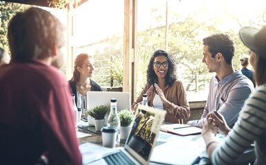 Poster - Business people, teamwork or discussion in meeting at cafe with technology, paperwork or remote work. Collaboration, data analysis or happy for brainstorming ideas with strategy, planning or solution