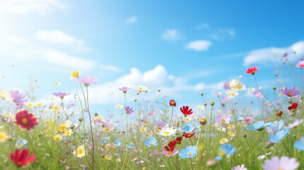 Wall Mural - blue sky with a field of wildflowers in bloom
