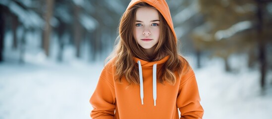 A girl is modeling winter youth apparel in an orange hoodie featured in a photo with a blank space for text or other images to be added. Copy space image. Place for adding text and design