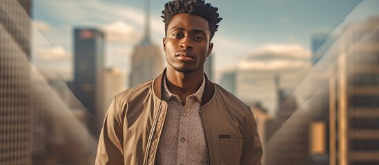 Wall Mural - Portrait of a stylish young African American man in an urban setting on a summer day with a cityscape background offering ample copy space image