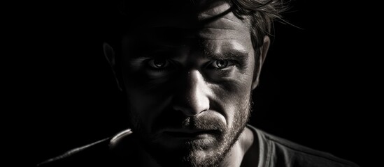 Dramatic close up black and white portrait of a man against a black background illuminated by one light source with copy space image