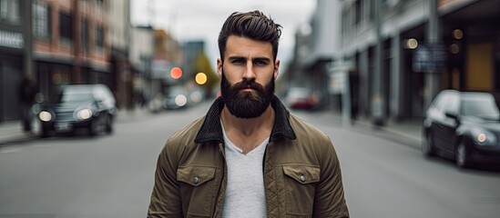 Fashionable young man with a beard and trendy style gazing at the camera against an urban backdrop donned in casual attire on a street setting with copy space image