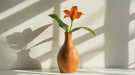 Wall Mural - Crafted Idigbo wood vase with faux flower in morning light