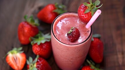 Wall Mural - Delicious Strawberry Smoothie in Glass with Fresh Strawberries on Wooden Background