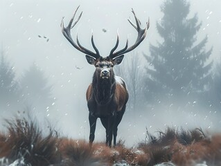 Sticker - Majestic Red Deer Stag Standing in Misty Forest with Detailed Antlers