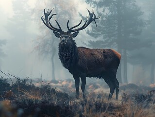 Sticker - Majestic Red Deer Stag Standing in Misty Autumn Forest