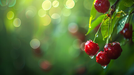 Wall Mural - Dew-kissed cherries glistening in the soft morning light, set against a vibrant green background creating a bokeh effect.