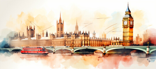 Wall Mural - London city (Europe) in watercolor style. impressive drawing. illustration. paint. image created with ai. vacation. travel. tourism