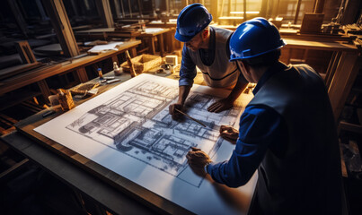 Poster - Two Engineers in Hard Hats Overseeing Blueprint Plans on a Construction Site, Focused on Architectural Development and Structural Engineering