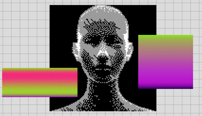 Poster - A collage of gradient neon stripes and a pixelated human head on a gray background. Сonceptual vector illustration on the theme of technology and identity.