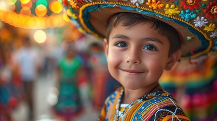 Wall Mural -  Vivid photo of a Mexican little boy in traditional attire, wearing a colorful sombrero