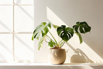 Monstera's house plant in a pot against a white wall with rays of light and shadow from the window, minimalism. Copy space