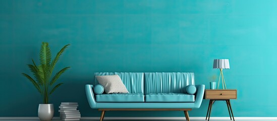 Wall Mural - Living room with a turquoise wall showcasing a copy space image