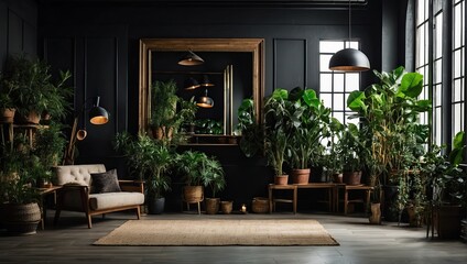 Wall Mural - Interior of the living room of a green house, in black loft style with black walls and retro lamps, and many homemade potted plants in modern flowerpot. 