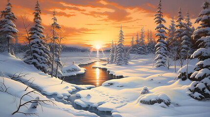 a drawing of a snow covered river, generative ai