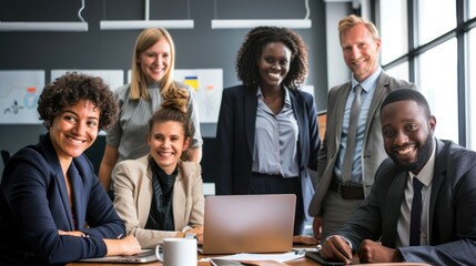 A group of diverse business professionals in suits and formal attire are sitting around a table in a modern office space. They are smiling and looking at the camera. AIG535