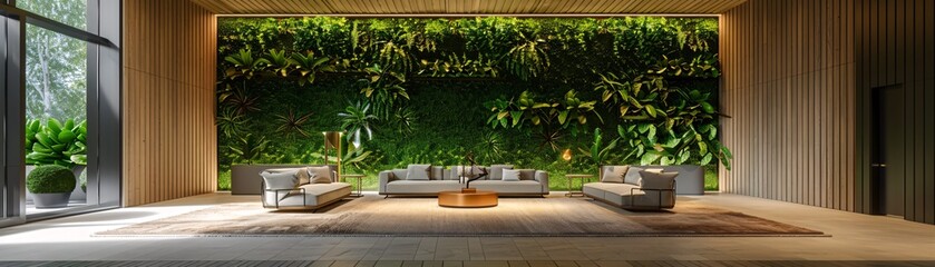 Poster - A modern, eco-friendly office environment promoting employee health, featuring a lush living green wall, natural light, and ergonomic furniture designed for comfort and productivity, in the style of