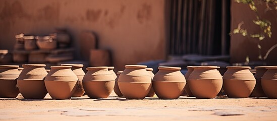 Canvas Print - Several earthen pots arranged outdoors with copy space image for drying in the sun