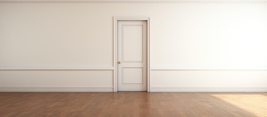 Poster - A room with wooden floors and white walls featuring an open door to the kitchen with room for text or images. Copy space image. Place for adding text and design