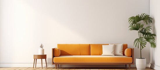 Poster - Simple living room with a blue sofa and wicker carpet against a white background with copy space image