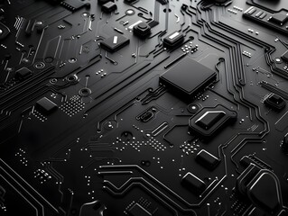 Poster - Futuristic Metallic Silver Circuit Board Pattern on Sleek Black Background for Hi Tech Product Mockups