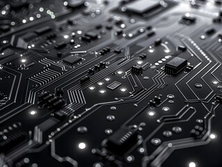 Poster - Futuristic Metallic Silver Circuit Board Pattern on Dark Background for High Tech Mockups