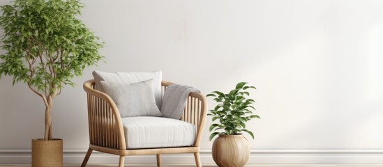 Poster - A wicker armchair is shown in a living room setting with a blank space for inserting an image. Copy space image. Place for adding text and design