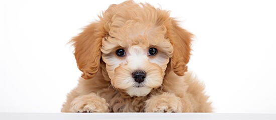 Wall Mural - Adorable poodle puppy on a plain white backdrop with copy space image