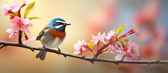 Poster - A vibrant bluethroat male bird with colorful plumage sings while perched on a blossoming pink apple tree branch in a sunny spring garden with copy space image