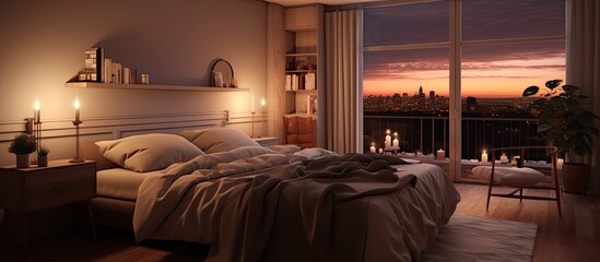 Poster - An architecturally stunning apartment with a cozy bedroom featuring a stylish decor and inviting ambiance ideal for relaxation. Copy space image. Place for adding text and design