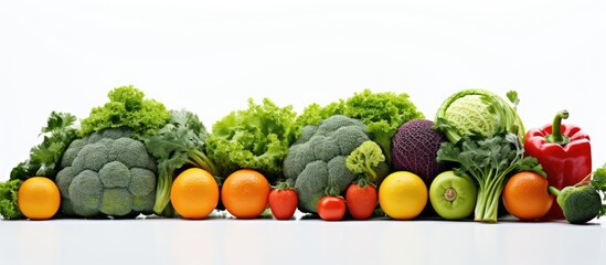 Sticker - Healthy fruits and vegetables encircle chrome dumbbells on a white backdrop with copy space image