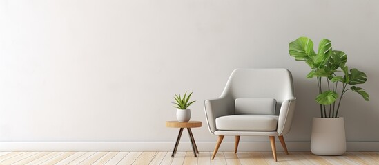 Poster - Room with a stylish armchair table houseplants and a light wall ideal for a copy space image