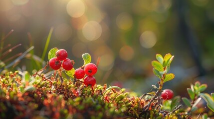 Sticker - Macro photograph of ripe wild berries like lingonberries partridgeberries or cowberries in the forest during the summer season