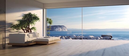 Sticker - Modern house living room with a view of the ocean showcasing empty space for images. Copy space image. Place for adding text and design