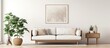 © Ilgun - Living room interior features brown sofa plants wooden coffee table lamp rug pillows and personal accessories adorned with a mockup poster frame for a copy space image