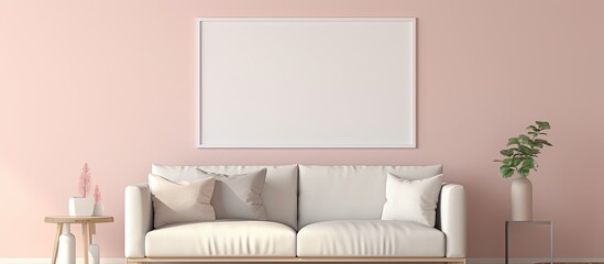 Sticker - Living room interior composition featuring a mock up poster frame a beige sofa personal accessories and a pink wall suitable for a copy space image