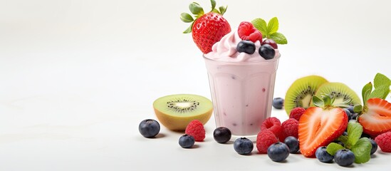 Poster - Fruity yogurt smoothie with fresh fruit on white background for a coffee shop menu concept with copy space image