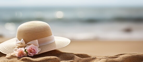 Sticker - Elegant hat with cream on a scenic beach background providing copy space image