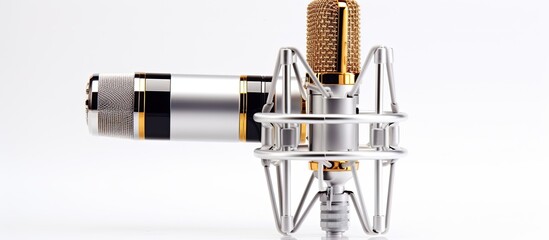 Wall Mural - Professional silver and gold condenser microphone with extras for recording broadcasting YouTube and vlogging isolated on a white background with copy space image