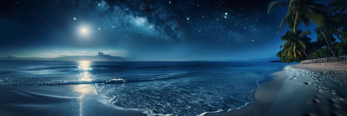 Beneath the night sky, the cosmic ballet unfolds over the tranquil sea.