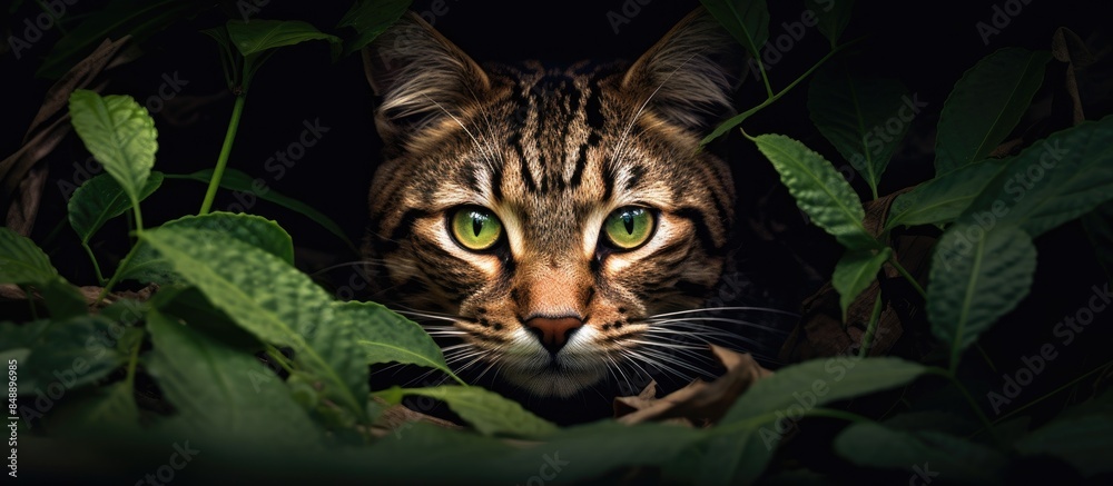 A dramatic image featuring a wild cat hiding in jungle foliage focusing ...