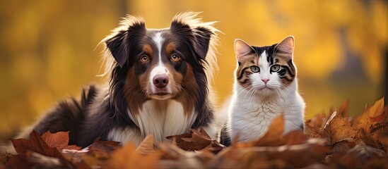 Wall Mural - Australian Shepherd and a black cat surrounded by autumnal vibes in a nature setting with a dark and light color contrast perfect for a copy space image