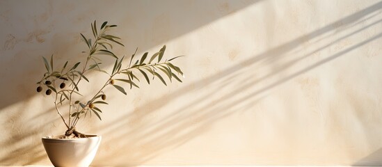 Poster - Sunny Mediterranean ambiance with an olive tree branch casting long shadows on a beige wall background providing a modern summer flair ideal for a copy space image