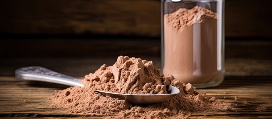 Poster - Chocolate protein bar and whey protein powder in a measuring scoop on a wooden surface with plenty of space for text or graphics copy space image