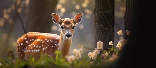A young fallow deer a baby animal grazes amidst vibrant spring nature with space for text or images. Copy space image. Place for adding text and design