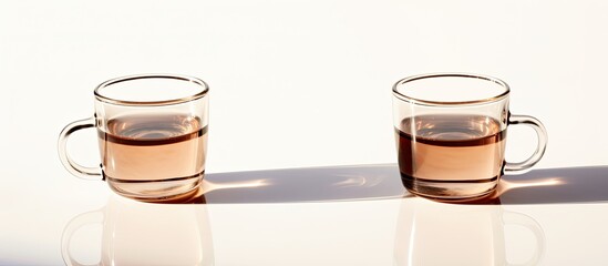 Wall Mural - Two empty cups placed on a white background with a soft shadow and reflection providing a copy space image