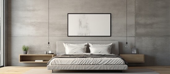 Poster - Contemporary room with a stylish interior featuring a comfortable bed and copy space image